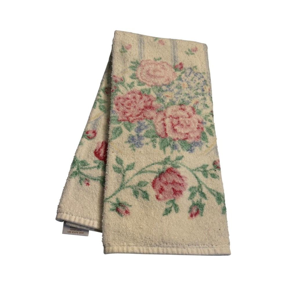 VTG Dundee Hand Towel Cream Pink Blue Rose Floral Cotton Cottagecore Made in USA
